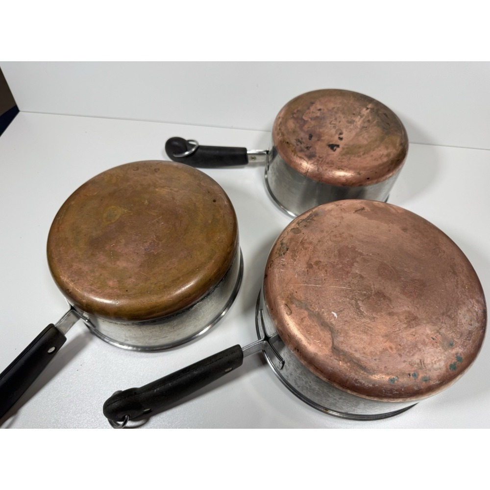 Vtg Revere Ware Copper Bottom Saucepan Set of 3 Stainless Steel 2 Qt 3 Qt No Lid - Picture 13 of 16